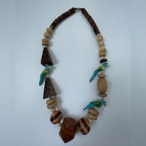 Vintage Wooden Necklace With Three blue,yellow parrots Boho Jewelry